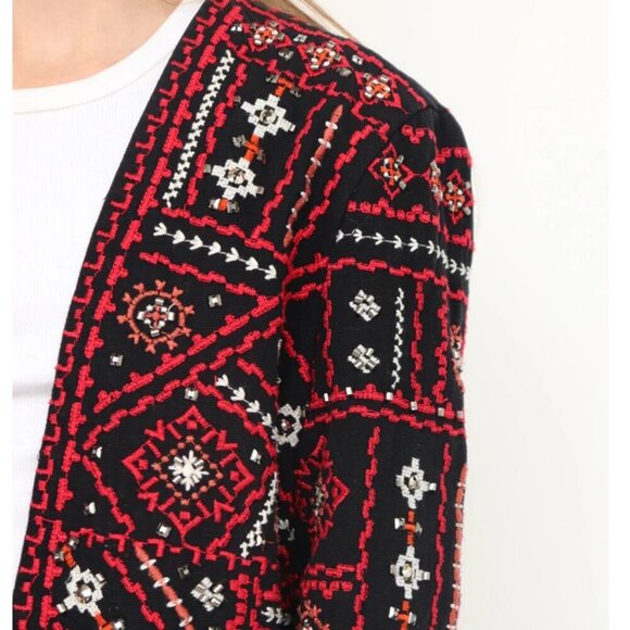 Zara Black Red Embroidered Beaded Open Front Crop Blazer Ethnic Dressy Statement - Picture 3 of 16